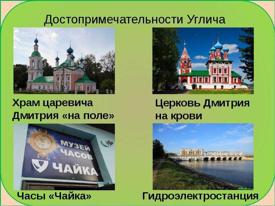 Что есть в каждом городе. Углич золотое кольцо России достопримечательности. Углич город золотого кольца достопримечательности. Достопримечательности Углича 3 класс. Достопримечательности Углича окружающий мир.