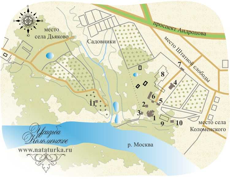 Карта коломенского парка с обозначением достопримечательностей