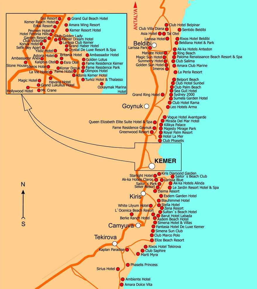 Карта кемера с отелями на русском языке побережья