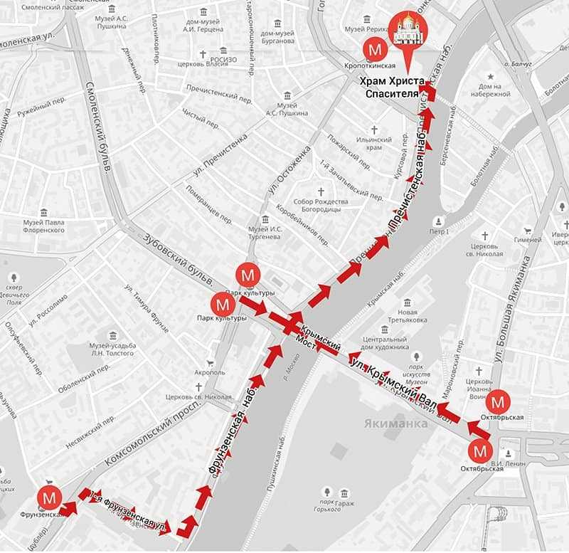 Как пройти от красной площади до храма христа спасителя пешком схема